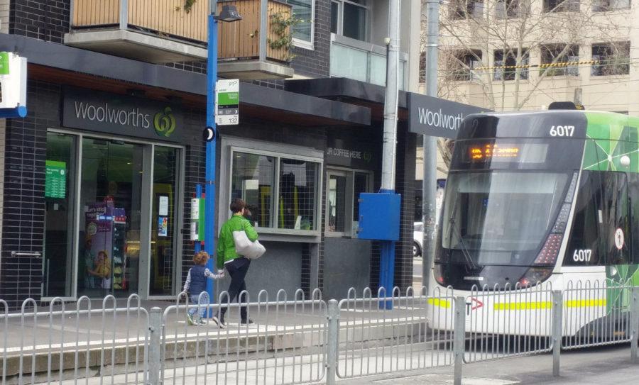 Tram passing Woolworths